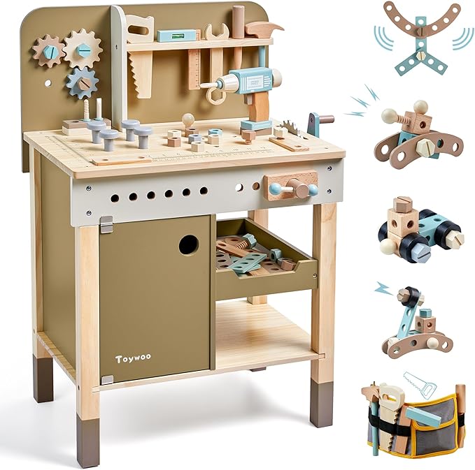 Kids Tool Set,Wooden Tools Bench with Apron Toddler Toy Workbench with Realistic Tools Electric Drill STEM Construction Toy Gifts for Age 3-9 Boys Girls