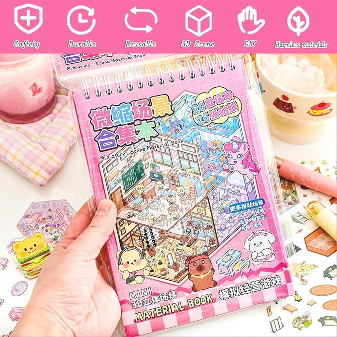 20 Sets DIY 3D Sticker Scenes for Adults with Tweezer, Kawaii 3D House Miniature Sticker Therapy, Make Your Own Mini Room Scene Collection Book for Adult Kids Relief Stress Pass The Time