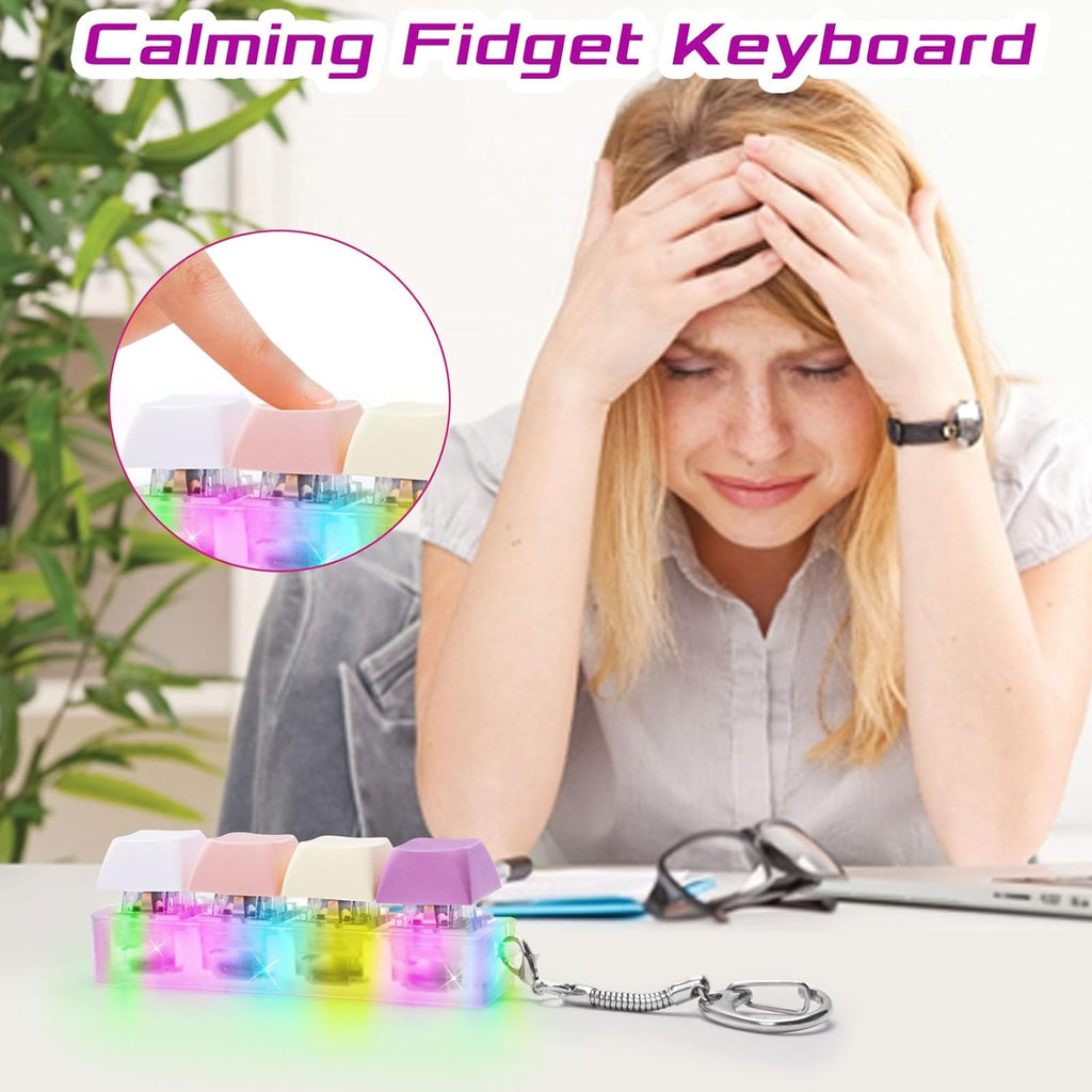 Keyboard Fidget Toys Adults Fidget Keyboard Clicker with LED Light Keychain Sensory Toys for Anxiety Stress Relief (Macaron1, 4 in 1)
