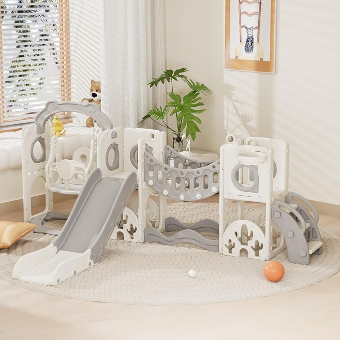 KORIMEFA 11 in 1 Toddler Slide and Swing Set, Kids Slide for Toddlers, Outdoor Indoor Playground for Toddlers 1-3, Toddler PlaySet with Basketball Hoop and Ball Golf Set, Climbing Arch(Grey)