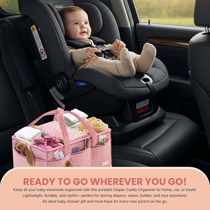 Large Diaper Caddy Organizer with Dividers - Baby Basket for Nursery and Changing Table - Portable Storage with Strong Handles for Diapers, Wipes and Newborn Essentials