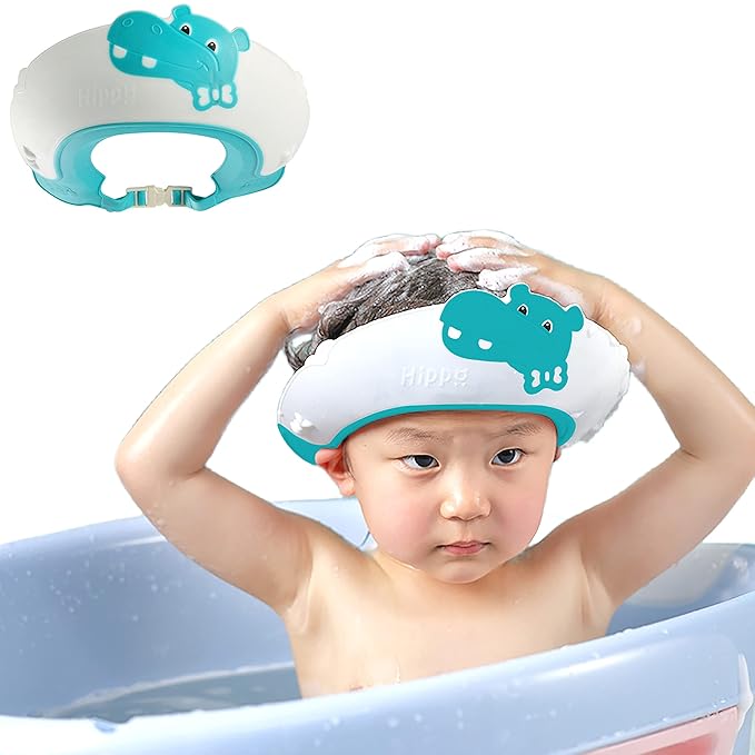 Baby Shower Cap Shield, Shower Cap for Kids, Visor Hat for Eye and Ear Protection for 0-9 Years Old Children,Cute Dinosaur/Crocodile/Hippo shape Makes the Baby Bath More Fun (Hippo, Blue)
