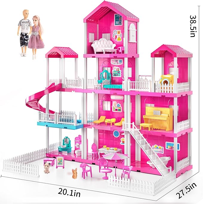 Pink Girl House Playset for Kids 3 4 5 6 7 8 Years Old - Villa Girl Toys with 4 Storeys 10-Room and 2 Dolls, Furniture Accessories, Pretend Play Indoor Toddler Toys Birthday Gifts for 3-5 6-8