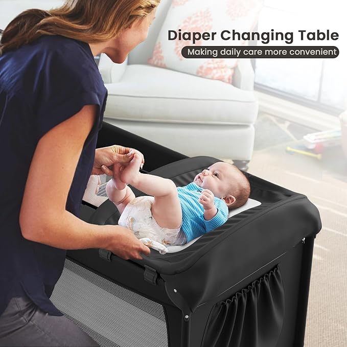 Large Pack and Play, Baby Bed Portable Crib with Diaper Changing Table Mattress Hanging Toys & Decor, Travel Bassinet Bedside Sleeper Playard from Newborn to Toddlers