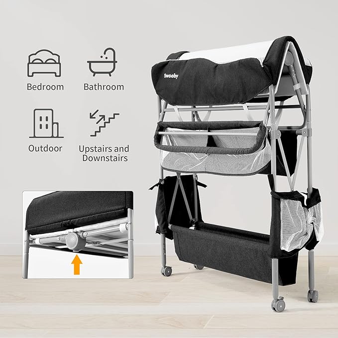Sweeby Portable Baby Changing Table, Foldable Diaper Changing Station with Waterproof Pad, Mobile Nursery Organizer for Infant & Newborn Essentials, Black
