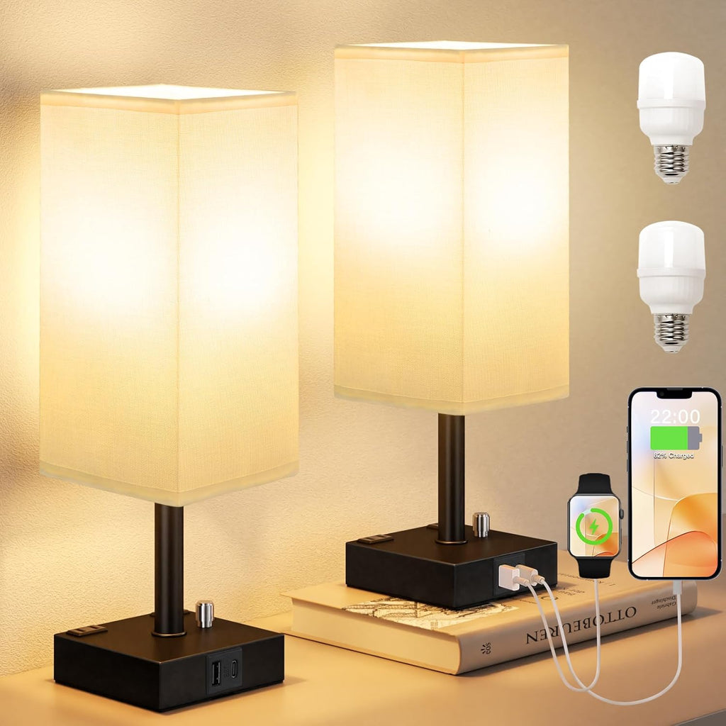 White Fully Dimmable Nightstand Lamps Set of 2 - Table Bedside Lamp with USB C+A Charging Ports & 2 AC Outlets, Square Lamp Sets Linen Fabric Shade for Bedroom Living Room(Bulb Included)