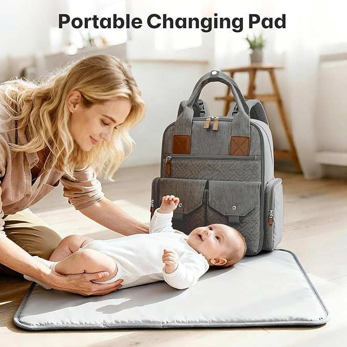 Diaper Bag Backpack - Large Diaper Bag with Portable Changing Pad as Baby Shower Gifts, Lightweight Waterproof Unisex Travel Baby Bag with 4 Insulated Pockets and Stroller Buckles, Dark Grey
