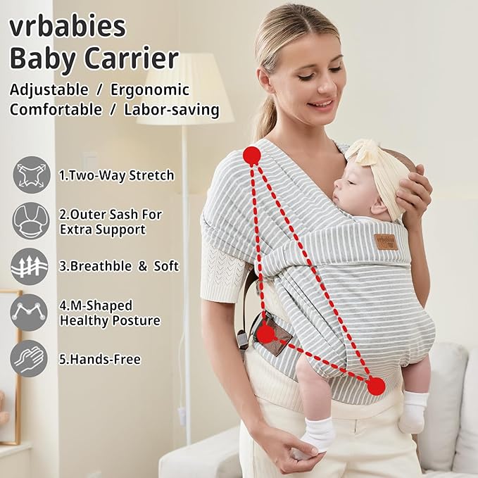 Baby Wraps Carrier Newborn to Toddler, Kangaroo Baby Easy Wearing Wrap, Adjustable Soft Baby Holder Front Chest Sling Carriers Perfect Infant Essentials Gifts (Striped Grey, Cotton)