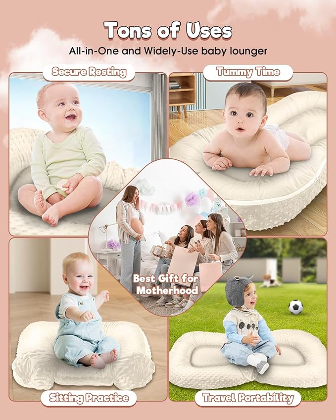 Baby Lounger Pillow 3-in-1 Infant Lounger Pillow for Newborn 0-24 Months, Portable Tummy Time Mat for Home and Travel, Breathable & Soft Baby Seat for Baby