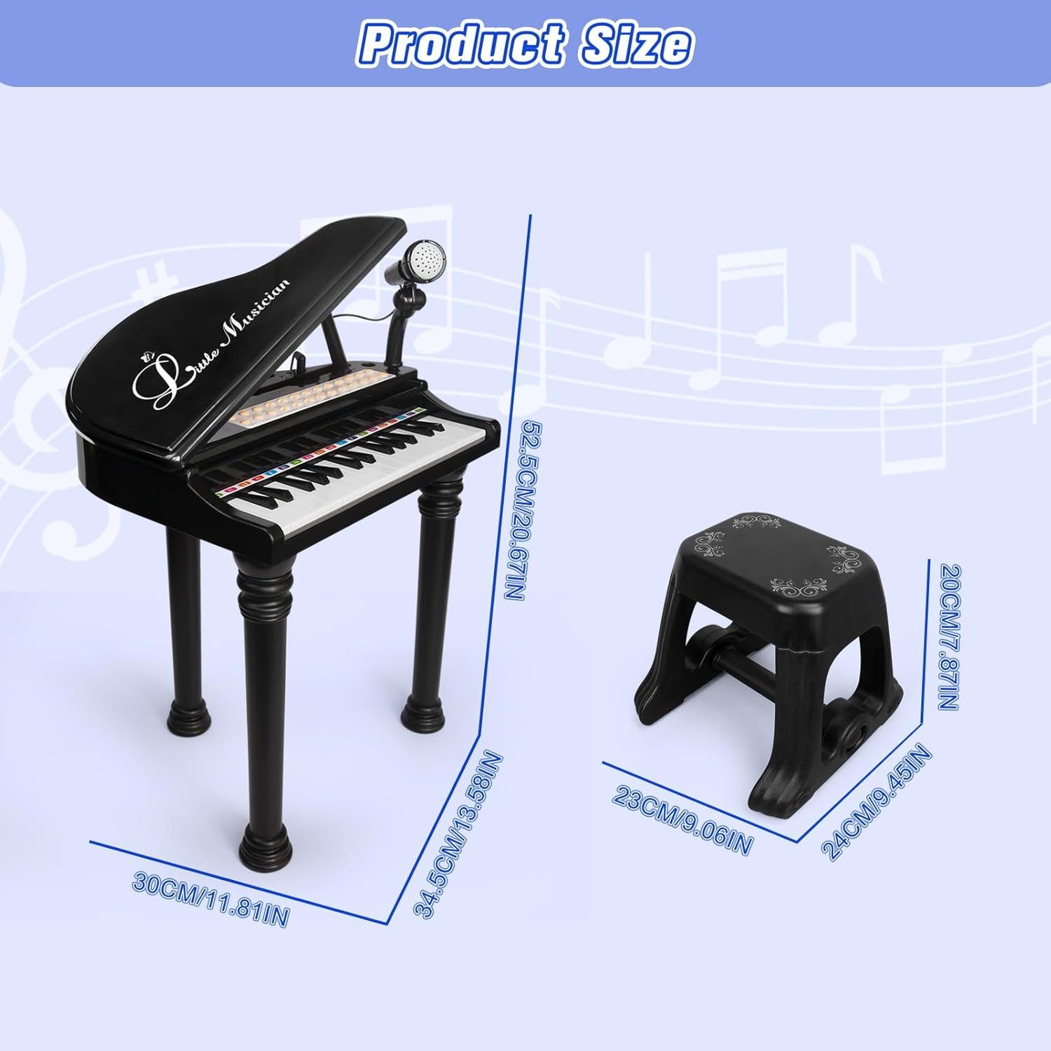 Love&Mini Piano Keyboard Toy for Kids - 31 Keys Toddlers Black Piano Toy with Microphone and Stool for Kids Age 3+ Years Old Girls Boys Birthday Gift