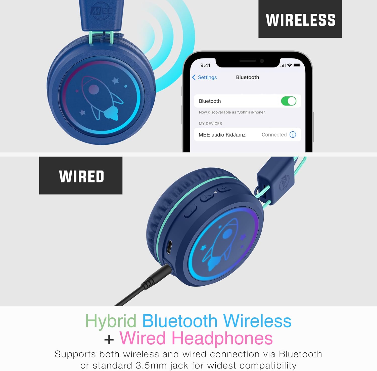 MEE audio KidJamz KJ55BT Bluetooth Wireless Safe Listening Headphones for Children with LED Lights, 85dB Volume Limiter, Mic & 40h Battery (Blue)