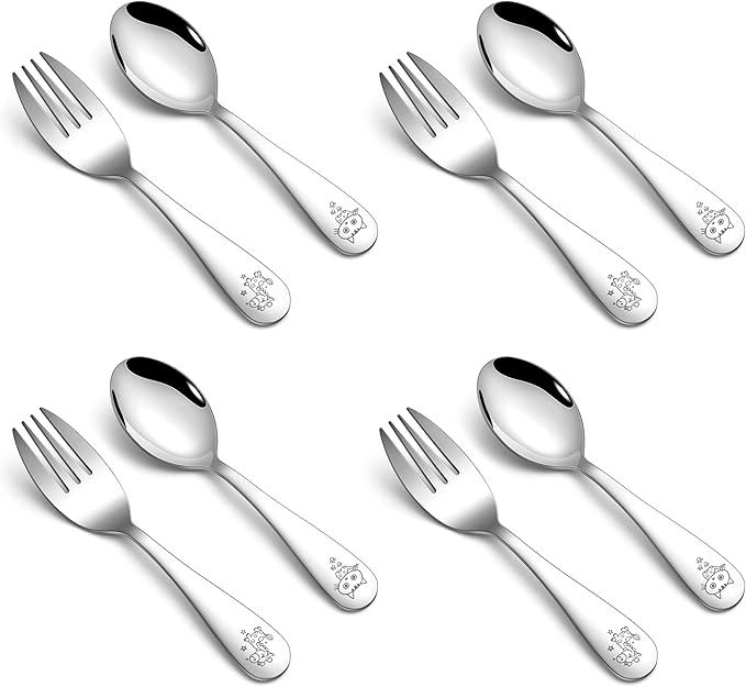 HaWare 8 Pieces Toddler Utensil Sets, Stainless Steel Kids Silverware Set Includes Toddler Forks and Spoons, Kids Safe Cutlery Set for Self Feeding, Cute Animal Handle Pattern, Dishwasher Safe