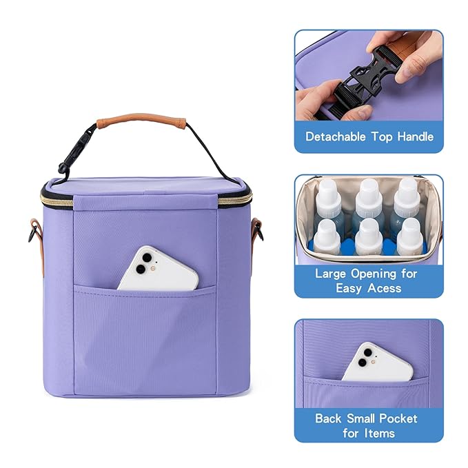 Breastmilk Cooler Bag with Ice Pack Fits 6 Baby Bottles Up to 9 Ounce, Baby Bottle Bag with Shoulder Strap for Nursing Mom Daycare, Violet