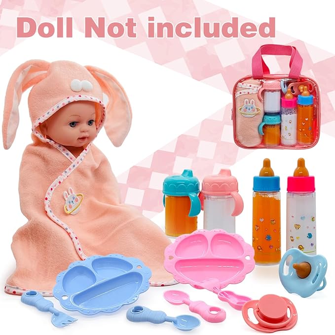 Baby Doll Accessories Magic Bottle Set - 13 Pieces Doll Feeding Pretend Playset with Disappearing Milk & Juice Bottles, Pacifiers Bowl and Bath Towel Doll Bottle Toys set Gift for Kids Girls Ages 3+