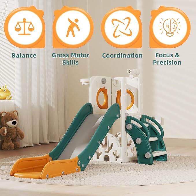 KORIMEFA 7 in 1 Toddler Slide, Kids Slide for Toddlers Baby 1-3 Years Old, Indoor and Outdoor with Basketball Hoop & Golf Set, Plastic Slides for Kids Easy Assembly, Green