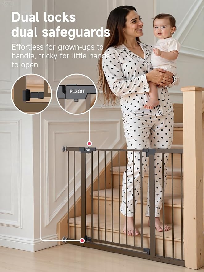 Baby Gate for Stairs, 30'' Tall 29.5-46" Extra Wide Dog Gate for Stairs Walk Thru Auto Close Metal Pet Gate for The House, Stairs and Doorways Child Gate Pressure Mounted Safety Gate Indoor - Brown
