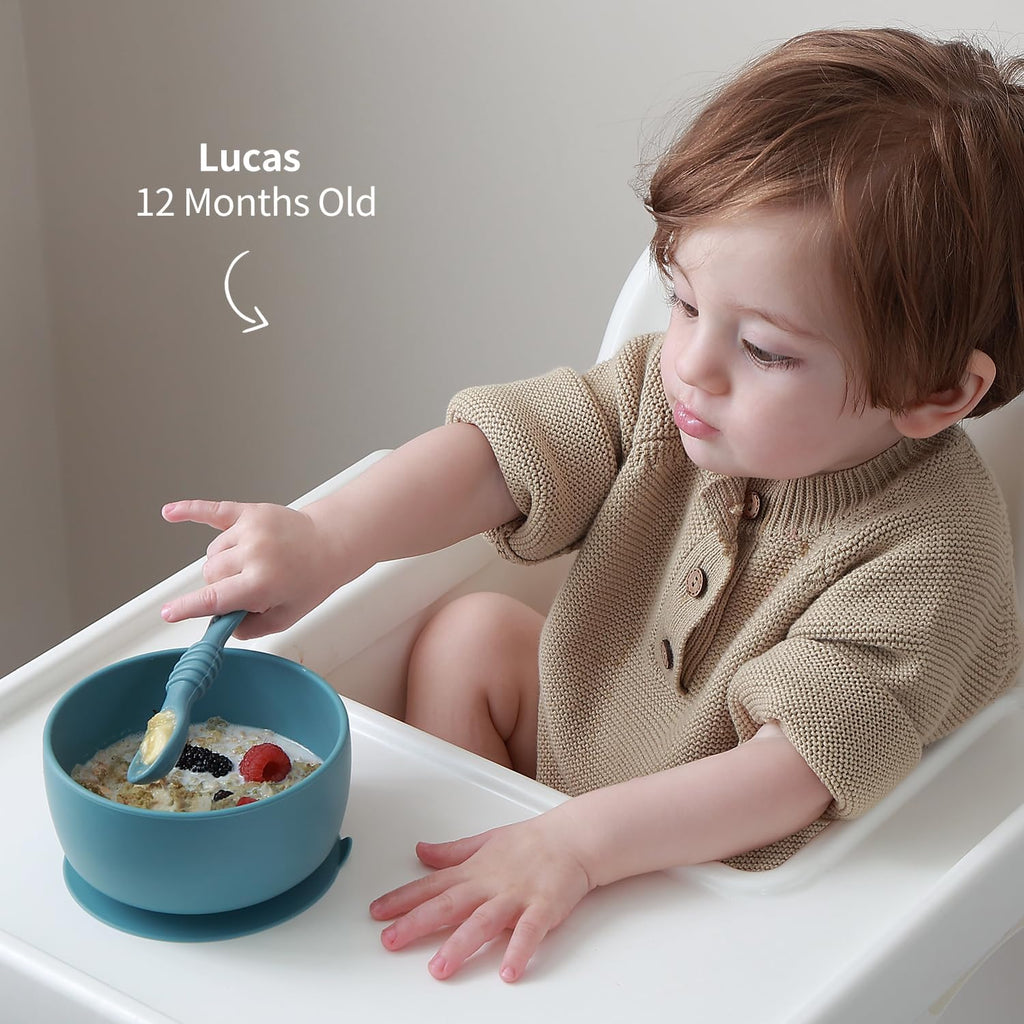 SAMiGO Silicone Baby Bowl and Spoon Set with Suction and Lid, First Stage Self Feeding Essentials, Food Bowl for 6+ Months