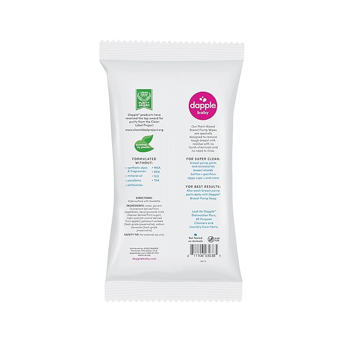 Dapple Breast Pump Wipes, Powered by Plants, Hypoallergenic, Removes Milk Residue, Fragrance Free, Convenient Wipes Pouch, 25 Count (2 Pack)