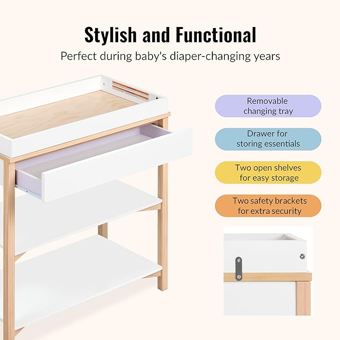 Dream On Me Owen Baby Changing Table, Removable Changing Tray, Spacious Top Storage Drawer, Two Open Shelves, Safety Brackets, JPMA Certified Modern Nursery Furniture – Vintage White Oak