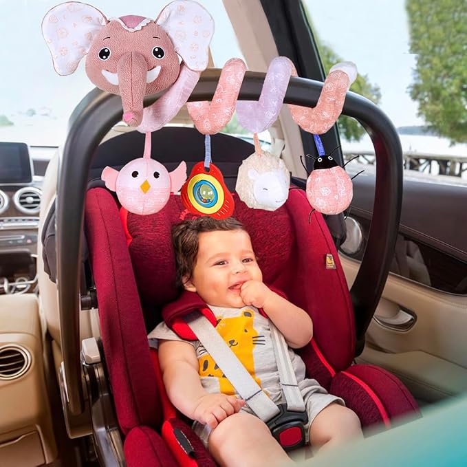Car Seat Toys, Baby Stroller Toys Infant Spiral Hanging Toys for Crib Bar Bassinet Stroller Car Seat Mobile, Early Development Toys for Newborn Baby Girls 0 3 6 12 Months -Pink Elephant