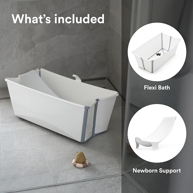 Stokke Flexi Bath Bundle, White - Foldable Baby Bathtub + Newborn Support - Durable & Easy to Store - Convenient to Use at Home or Traveling - Best for Newborns & Babies Up to 48 Months