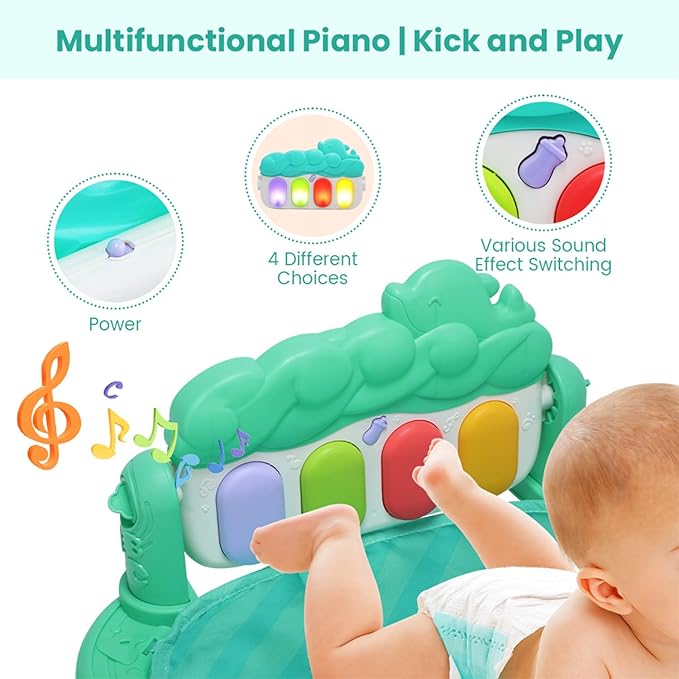 Baby Gyms Play Mat, Infant Toy Play Mat Activity Center, Baby Play Piano Mats with Music and Lights, Activity Padded for Babies Newborns and Toddlers Boys and Girls 0-12 Months, Green