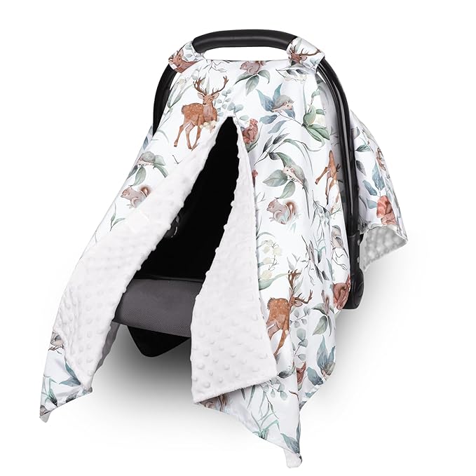 TANOFAR Baby Carseat Canopy, Peekaboo Opening Car Seat Canopy for Babies, Soft and Breathable Infant Carrier Canopy, Multi-use Baby Carrier, Stroller, Nursing Cover, Minky Blanket, Animal Leaf