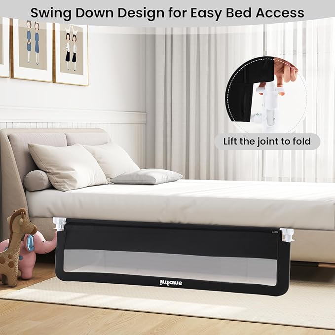 INFANS Bed Rail for Toddlers, 59" Foldable Safety Baby Crib Rail Fit for Kids Twin, Extra Long Swing Down Bed Guardrail for Convertible Crib, Queen, Full, King Mattress Side Guard (Black)