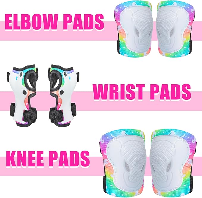 Kids Knee and Elbow Pads Set, 7 in 1 Skating Protective Gear for Skateboard, Roller Skating, Scooter, Cycling, 3-8 Years