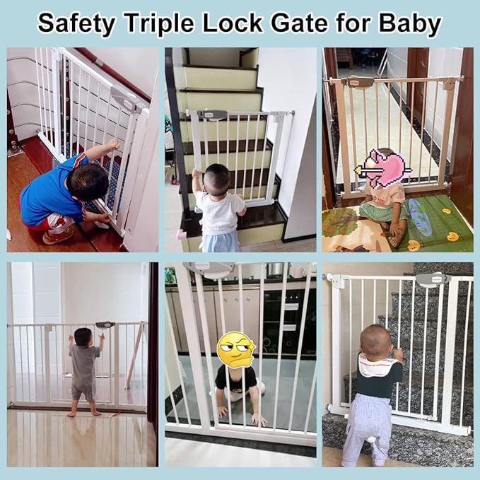 WAOWAO Triple Lock 68.11-75.98" Baby Gate Extra Wide Pressure Mounted Walk Through Swing Auto Close Safety White Metal Dog Pet Puppy for Stairs,Doorways,Kitchen