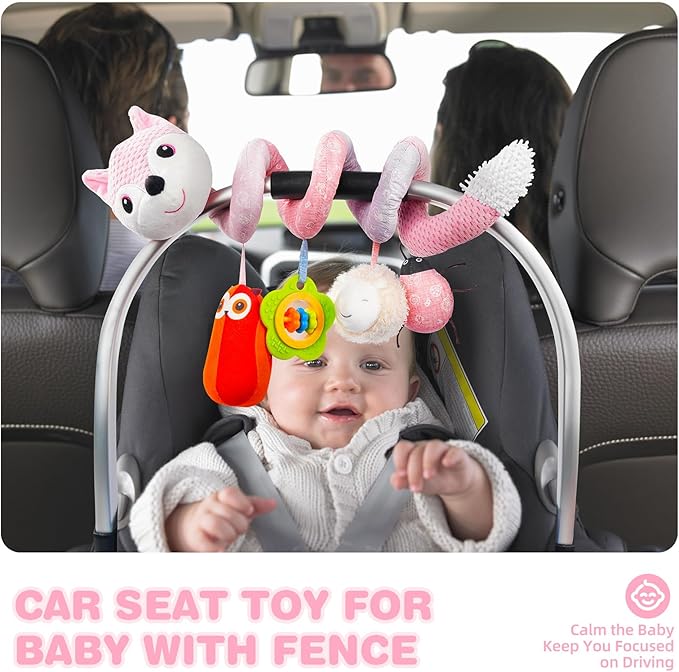 Jollybaby Baby Car Seat Stroller Toys, Plush Activity Hanging Spiral Activity Pram Crib with Music Box, Rattles, Squeaker for Babies Infant Boys Girls(Pink Fox)