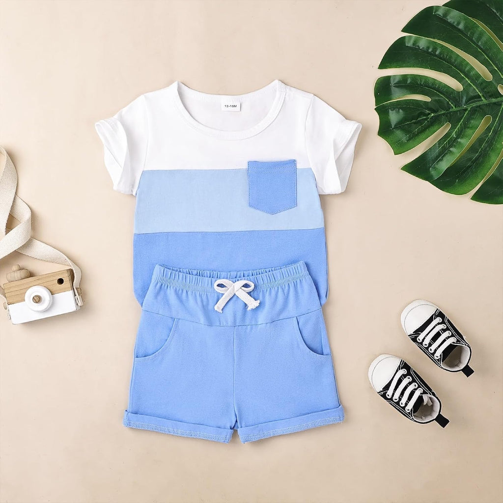 Baby Boy Clothes Toddler Boy Summer Outfits Short Sleeve Patchwork Top T-shirt & Pocket Pant Set 2 Piece 12 Months-4T