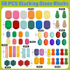 58PCS Montessori Wooden Stacking Rocks Toys Colorful Stacking Stones Building Blocks Games Sensory Toy for Toddlers Educational Learning Toys for 1 2 3 4 5 6 Years Old Kids