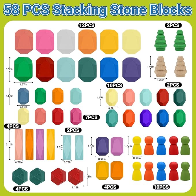 58PCS Montessori Wooden Stacking Rocks Toys Colorful Stacking Stones Building Blocks Games Sensory Toy for Toddlers Educational Learning Toys for 1 2 3 4 5 6 Years Old Kids