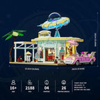 Interstellar-Diner Lighting-Building-Bricks City Set - 2188 Pcs Road UFO Drive-in Restaurant Modular Collection LED Light Space Car Restaurant Set for Adults and Travelling Enthusiasts