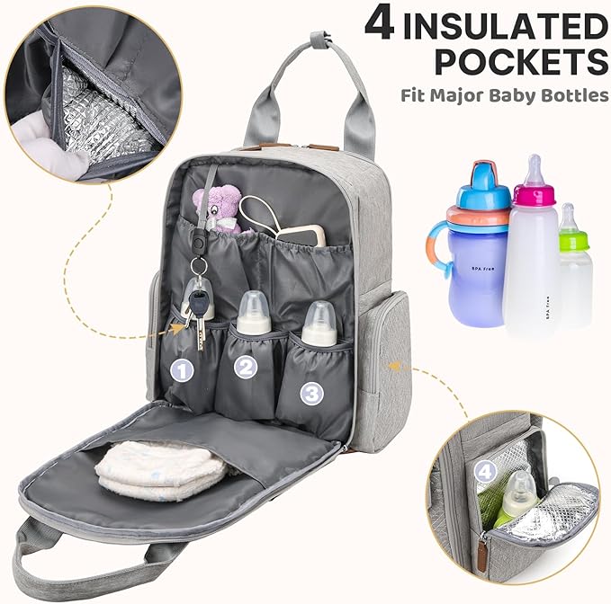 Diaper Bag Backpack - Large Diaper Bag with Portable Changing Pad as Baby Shower Gifts, Lightweight Waterproof Unisex Travel Baby Bag with 4 Insulated Pockets and Stroller Buckles, Light Grey