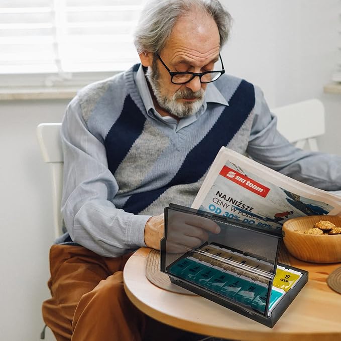 Extra Large Weekly Pill Organizer 2 Times a Day - Remtise Am/Pm Daily Pill Case Medicine Organizer, Push Button 7 Day Pill Box for Pills/Vitamin/Cod Liver Oil/Supplements (Cyan & Yellow)