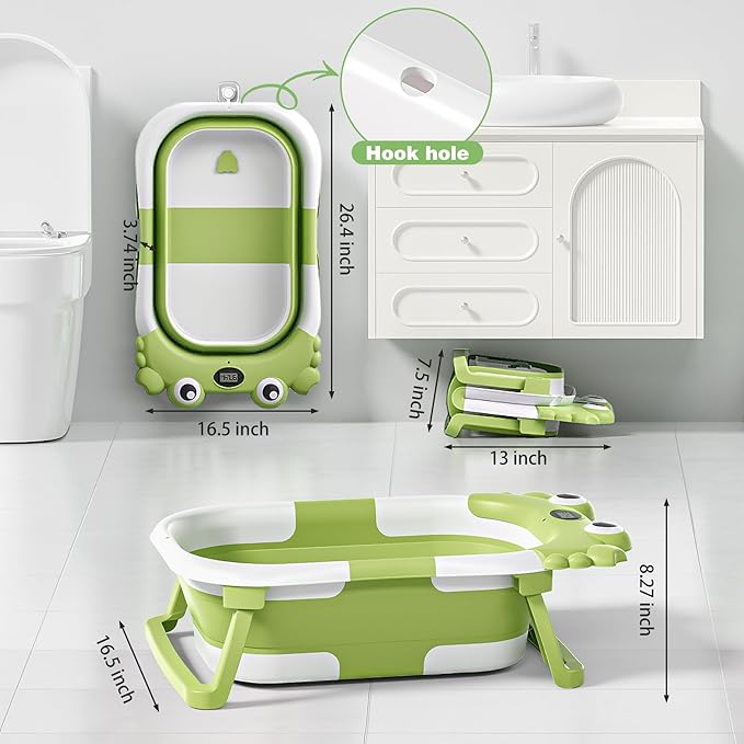 Collapsible Baby Bathtub for Newborns with Thermometer and Soft Floating Cushion Portable and Foldable Travel Baby Boy Bath Tub for Infants to Toddler 0-36 Month (Green)
