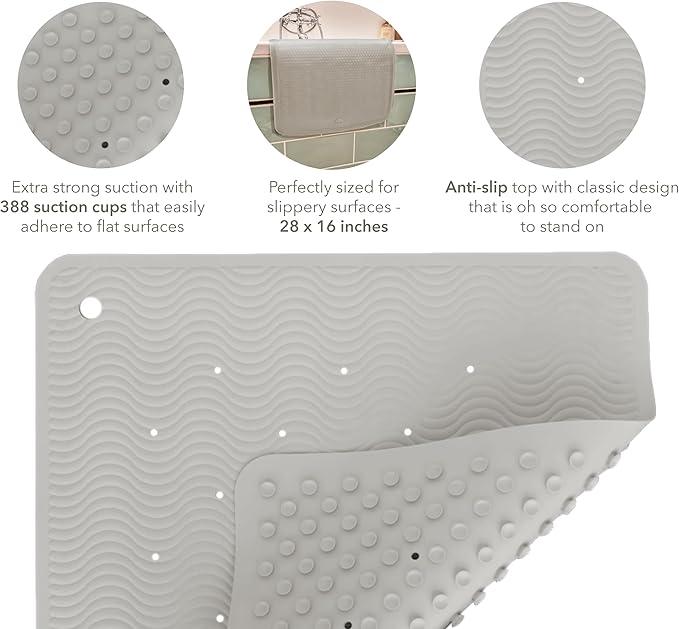 HEVEA Natural Rubber Wave Bath Mat – Long 28 × 16 in - Non-Slip Shower & Bathtub Mat with 388 Suction Cups, Plastic-Free & Biodegradable (Granite)