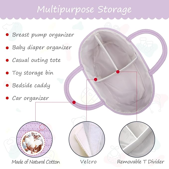 COMSE Large Baby Diaper Caddy Organizer for Girl Boy, Car Caddy with Handles, Cotton Rope Basket for Changing Table, Nursery Organizer, Gift for Baby Shower and Registry Must Have, Purple