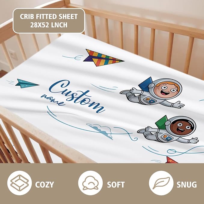 Personalized Baby Crib Bedding Set – Cartoon Astronaut Theme Nursery Bedding Sets 3 Piece with Custom Name Blanket, Fitted Crib Sheet & Changing Pad Cover – Ideal Newborn Gift for Boys Girls