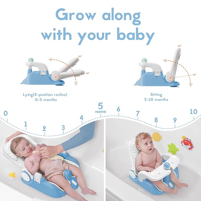 BabyBond Baby Bath Seat with Sitting & Lying 2 Modes, 3-Speed Adjustment, Powerful Suction Cups, Infant Bathtub Chair with Soft and Comfortable Towel, Folding and Hanging