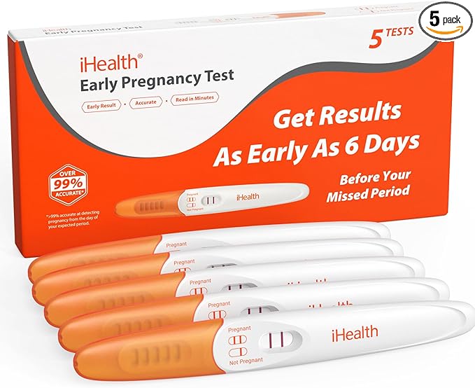 iHealth Pregnancy Test 5-Pack, Detect Early Pregnancy 6 Days Before Missed Period with 99% High Sensitivity. Easy at-Home Fertility HCG Test with Pink Dye, Individually Wrapped, Pruebas de Embarazo