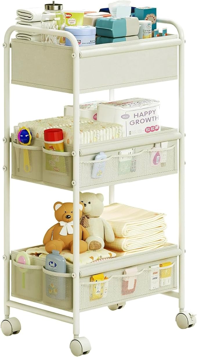 3-Tier Baby Diaper Caddy Cart Organizer,Mobile Nursery Storage Cart with Wheels，With 2 Dividers & 14 Mesh Pockets Durable Metal Utility Cart for Nursery, Bedroom, Bathroom Essentials Organization