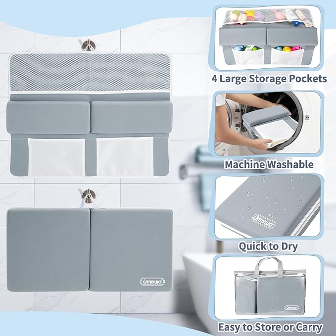 URMYWO Bath Kneeler and Elbow Rest Pad Set - 1.5" Thick Baby Bath Kneeler Pads with Toys Organizer, Anti-Slip Cozy Knee & Arm Support Bathtub Mat, Quick Dry Kneeling Pad for Baby Bath Time