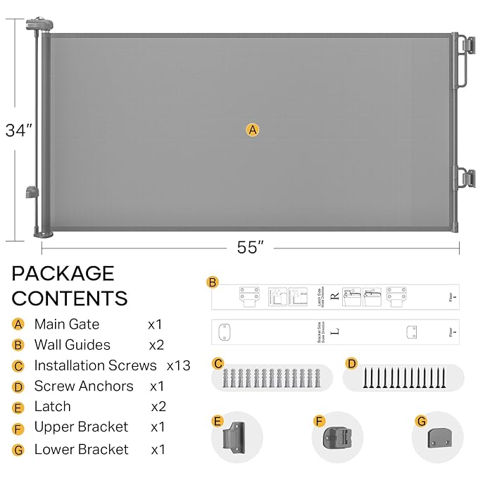 Cumbor 55" Wide Retractable Baby Gates for Doorways, Mom's Choice Award - Mesh Dog Gate for The House, One-Hand Opening Safety Child Gates for Stairs, Pet Puppy Fence Indoor & Outdoor, Gray