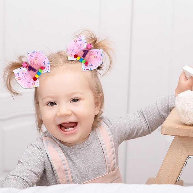Birthday Hair Bow for Baby Girls 1 2 3 4 5 6 Year Old Sprinkle Hair Clips Happy Birthday Decorations for Girls Toddlers With Pom-Poms Ice Cream Candy Party Pink Hair Accessories for 1st Sweet Party