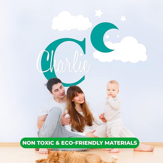 e-Graphic Design Inc Custom Name & Initial Moon Clouds Stars - Baby Boy - Nursery Wall Decal for Baby Room Decorations - Mural Wall Decal for Home Children's Bedroom (MM109) (Wide 42" x 32" Height)