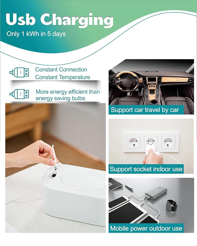 Baby Wipe Warmer, Portable USB Powered Baby Wet Wipes Dispenser Holder with Temperature Control, Paper Towel Heater for Home, Car, Travel (White)