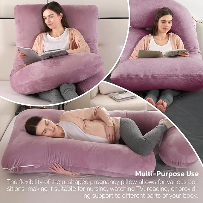 U-Shaped Pregnancy Pillow for Sleeping, Full Body Support for Back, HIPS & Belly -65 Inch Maternity Pillow with Machine Washable Cover | Maternity Essential (Velvet Pink-65inch)